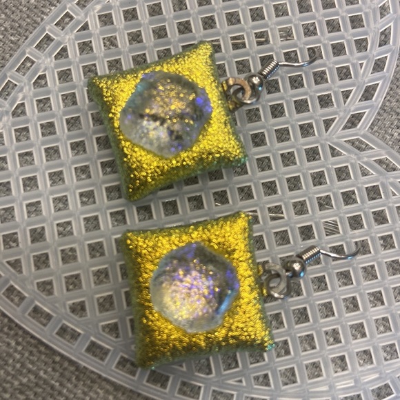 Handmade Gold and Silver Dochoic Fused Glass Dangle Earrings - Picture 3 of 3